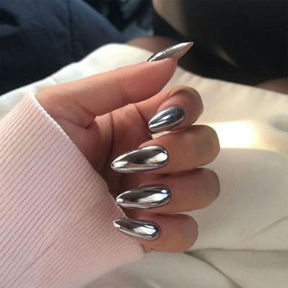 24PCS Press On Nails Mirror Metal Stiletto Fake Nails Almond Medium Shape Stick on Nails Glue on Nails False Nails (Sliver)