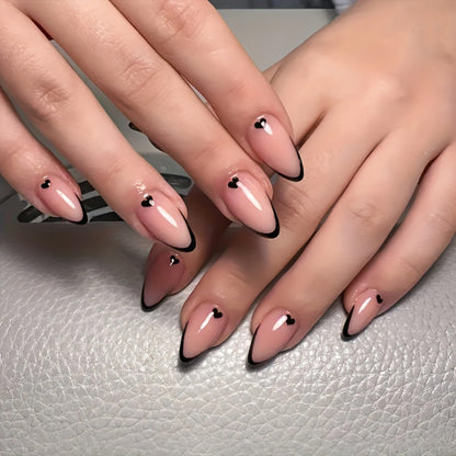 Black French Tip Press on Nails Valentine Fake Nails with Glue Glossy Almond Nails False Nails Black Glue on Nails Heart Artificial Nails Nude Static Nails Micro French Tip Stick on Nails for Women