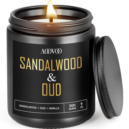 AOOVOO Black Sandalwood & Oud Soy Candle - Unisex Aroma Gift 9 oz