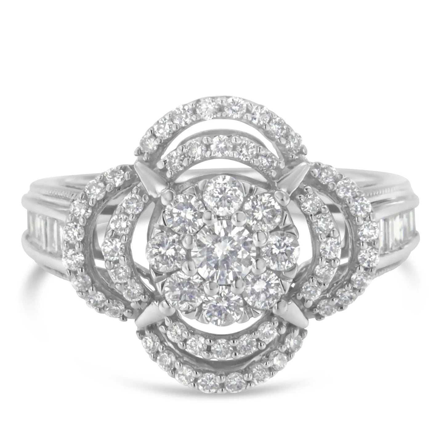 14K White Gold 1.0 Cttw Round & Baguette Cut Diamond Floral Cluster Quatrefoil Channel Set Band Cocktail Statement Ring (H-I Color, SI2-I1 Clarity)