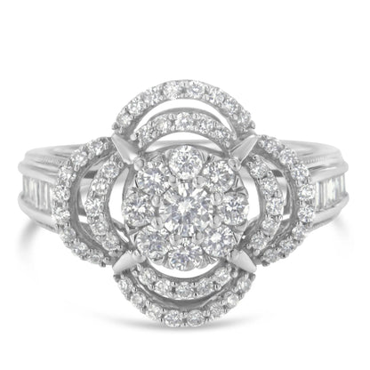 14K White Gold 1.0 Cttw Round & Baguette Cut Diamond Floral Cluster Quatrefoil Channel Set Band Cocktail Statement Ring (H-I Color, SI2-I1 Clarity)