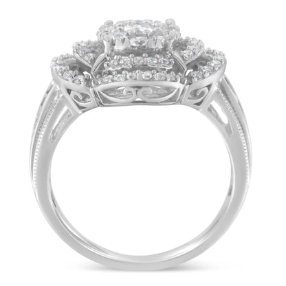 14K White Gold 1.0 Cttw Round & Baguette Cut Diamond Floral Cluster Quatrefoil Channel Set Band Cocktail Statement Ring (H-I Color, SI2-I1 Clarity)