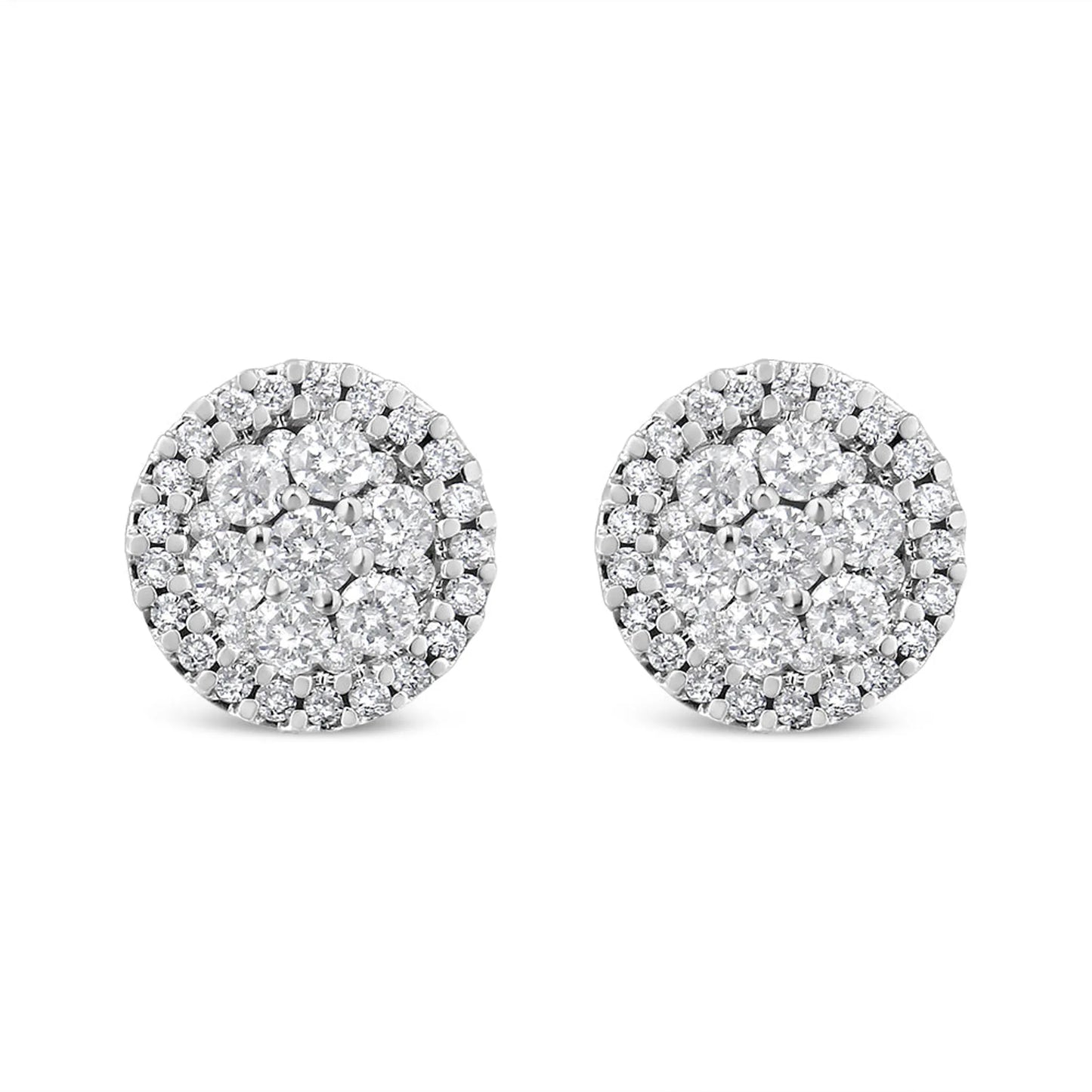 AGS Certified 14K White Gold 1.0 Cttw Brilliant-Cut Diamond Halo-Style Cluster Round Button Stud Earrings (G-H Color, I1-I2 Clarity)