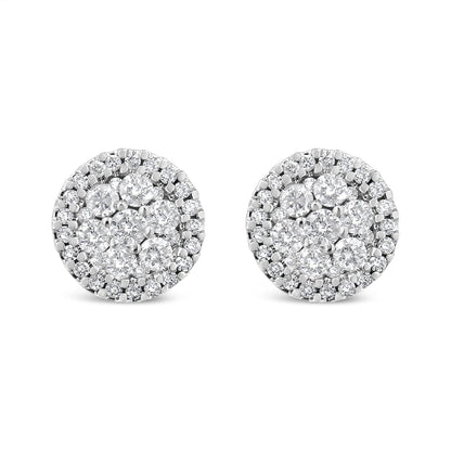 AGS Certified 14K White Gold 1.0 Cttw Brilliant-Cut Diamond Halo-Style Cluster Round Button Stud Earrings (G-H Color, I1-I2 Clarity)