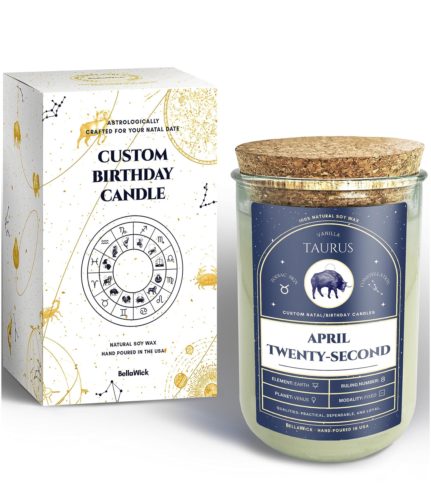Birthday Candles - Custom Birthdate Astrological Zodiac Scented Candles. Astrology Gifts. All Natural Soy Wax. 75+ Hour Burn Time. Made in USA - April 22