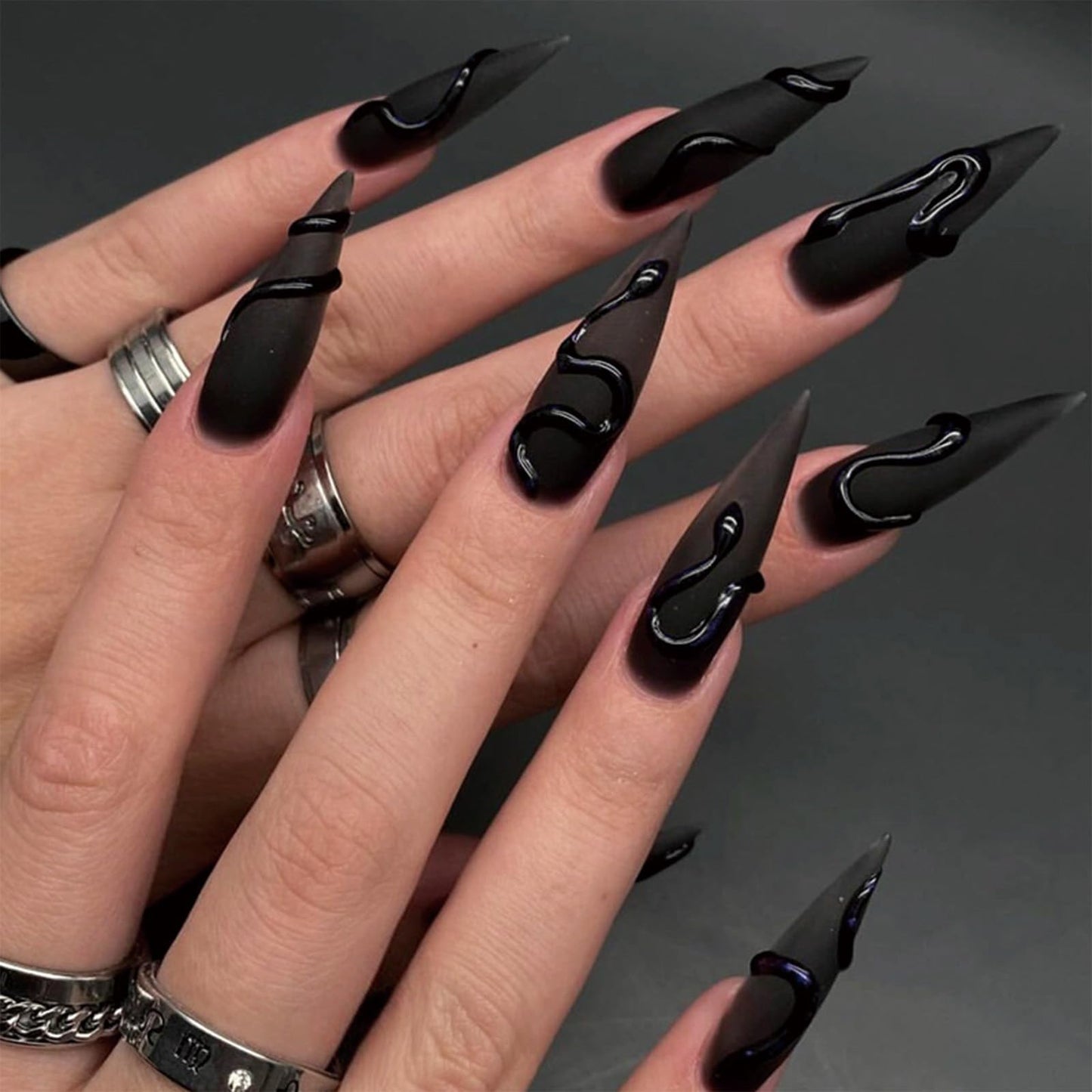 GOTHIC Glam Matte Black Almond Press-Ons 24pcs